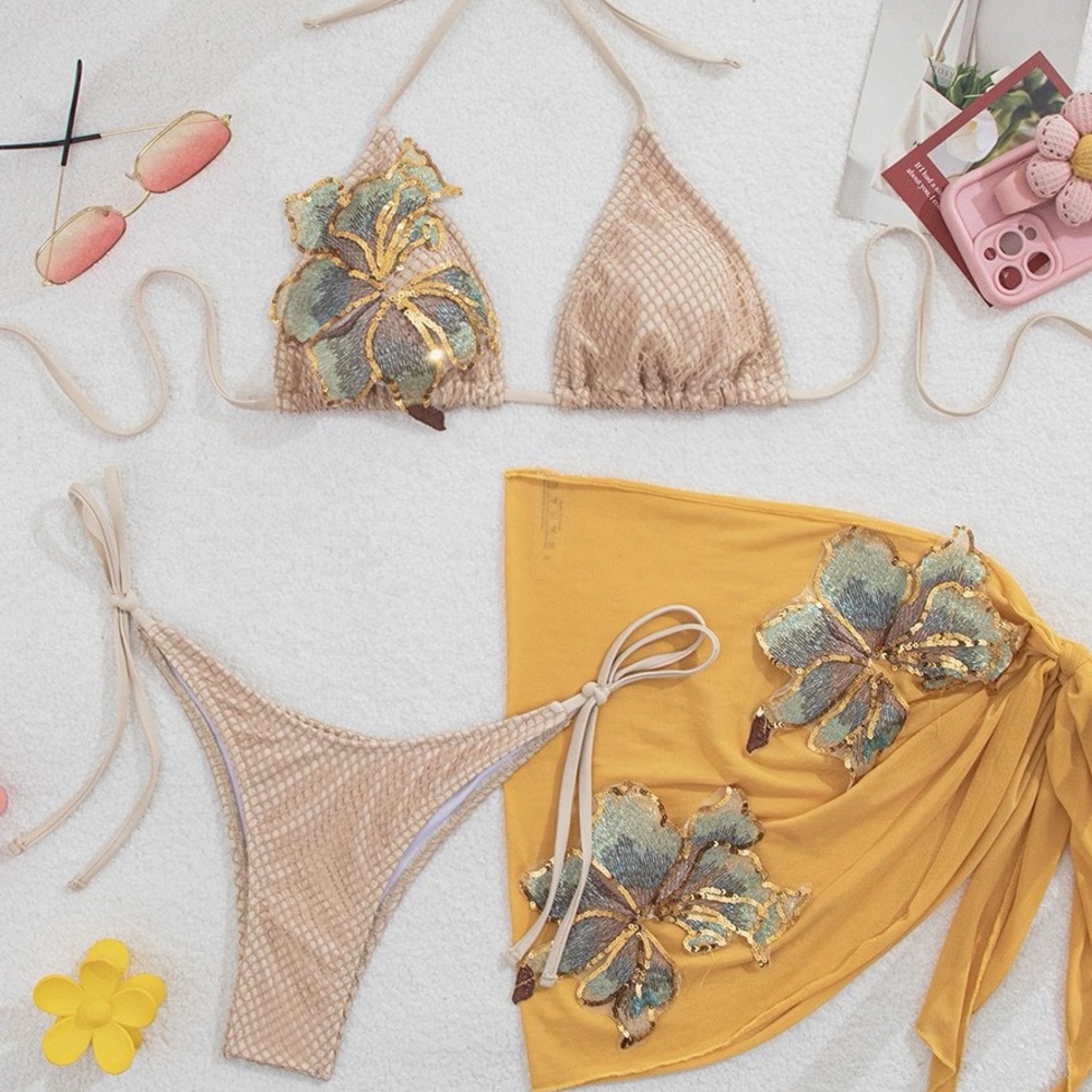 Beige & Mustard Floral Sequin Bikini Set with Sarong